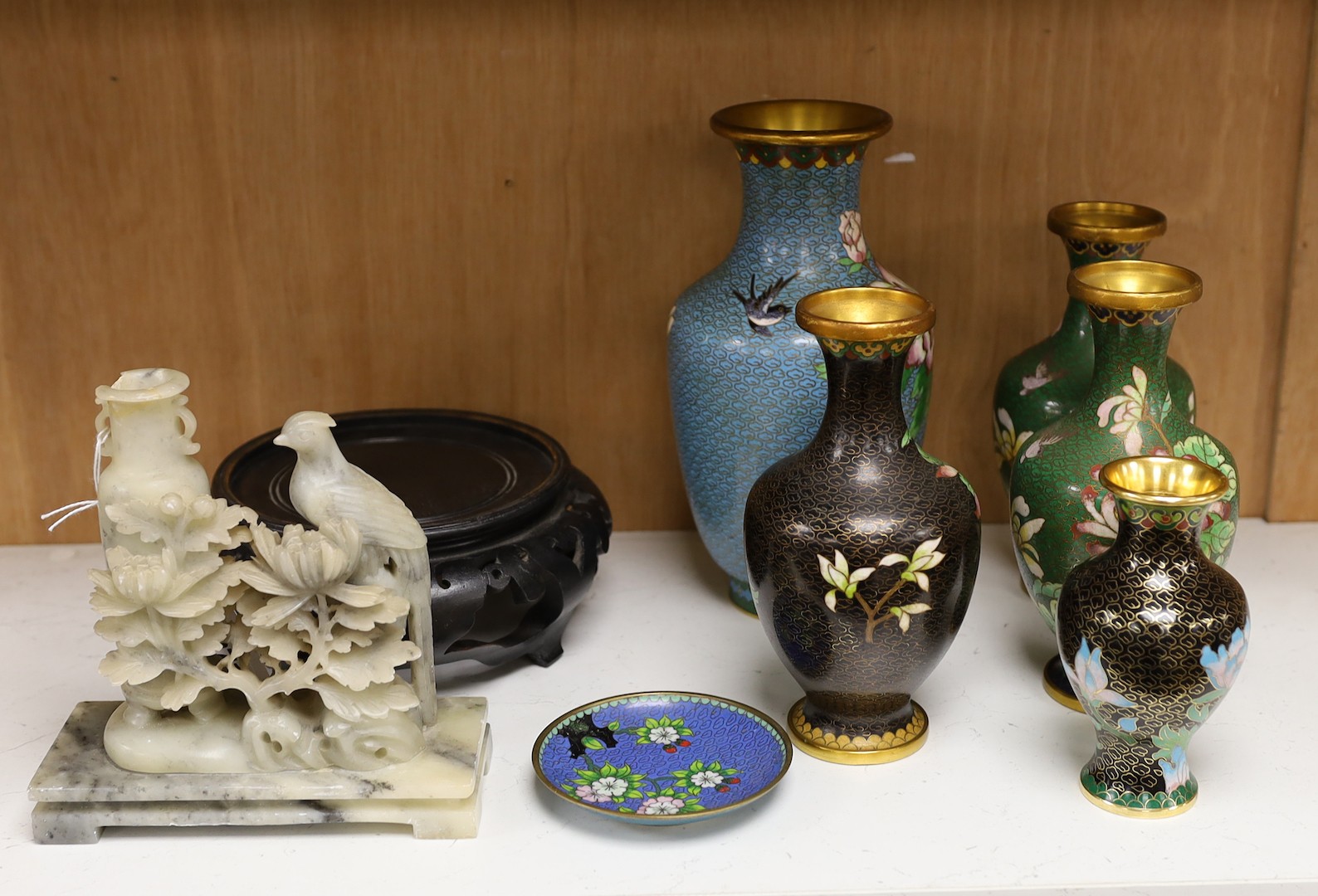 Six Chinese cloisonné enamel vases, one hardwood stand and a hardstone group, tallest 23cm